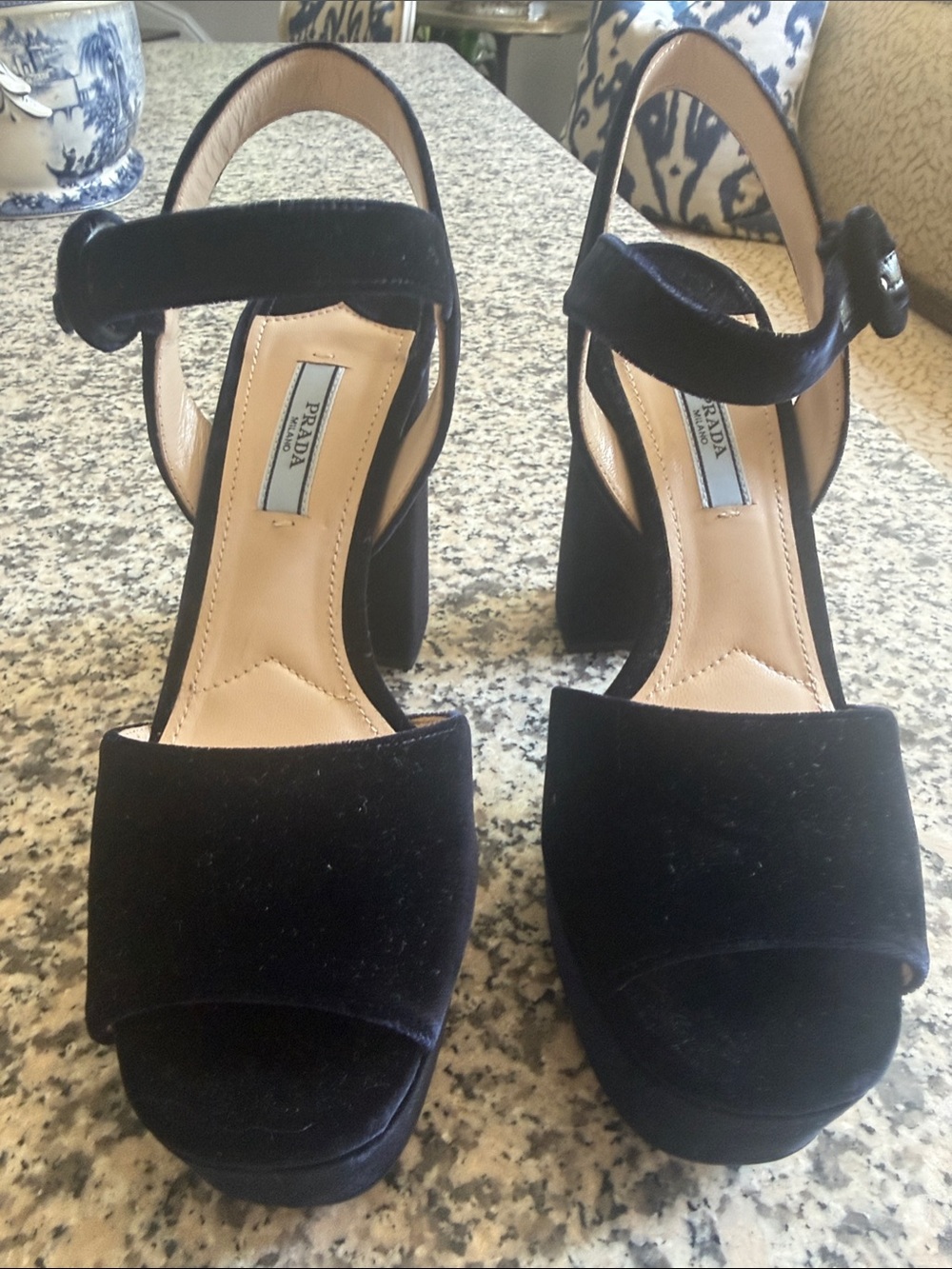 Prada Navy Velvet Platform Heels with Ankle Strap - Never Worn Size 38